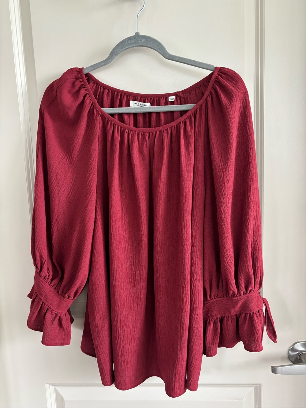 Max Studio Burgundy Peasant Blouse with Ruffle Cuffs